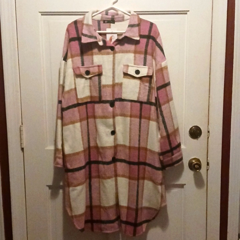 Pretty Garden, XL, Shacket, pink, black, brown, and white plaid. - Picture 1 of 4